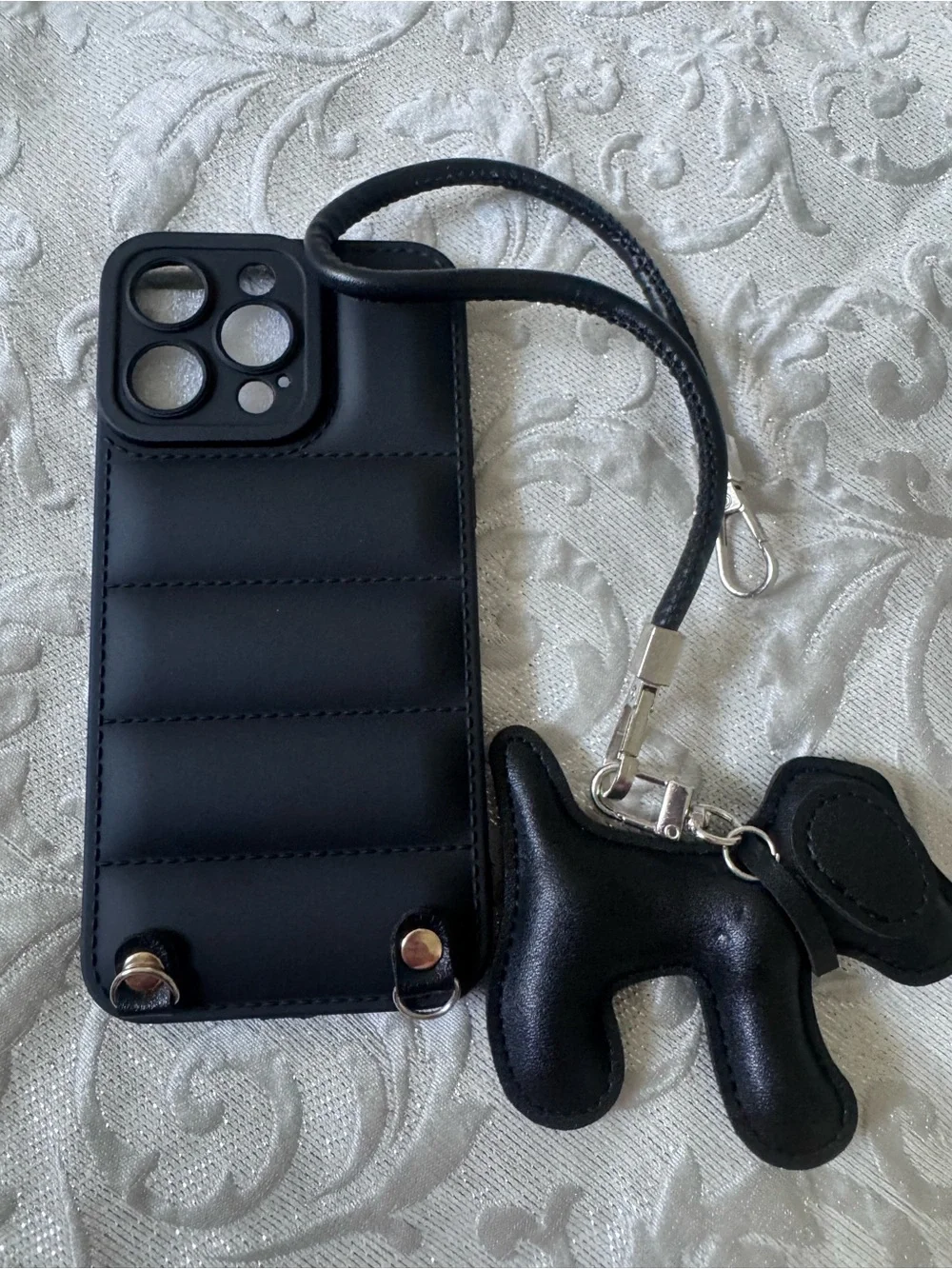 Black Puffed IPhone 15 Pro Max Case with Dog Charm & Wrist Strap